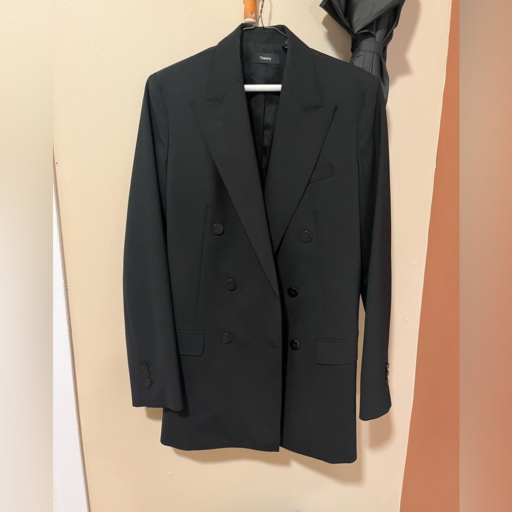 Theory Black Double-Breasted Wool Tailored Blazer size 6 NWOT
